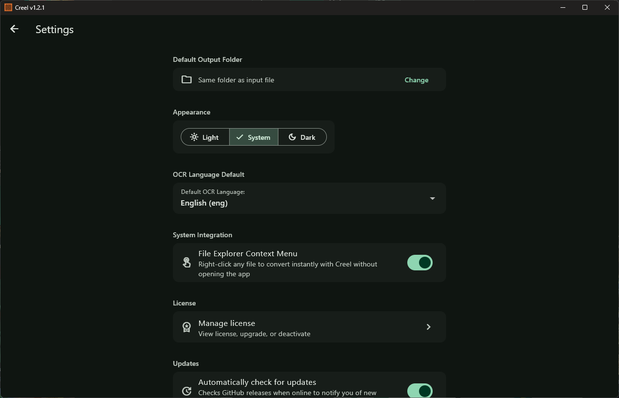 Creel Settings Screen